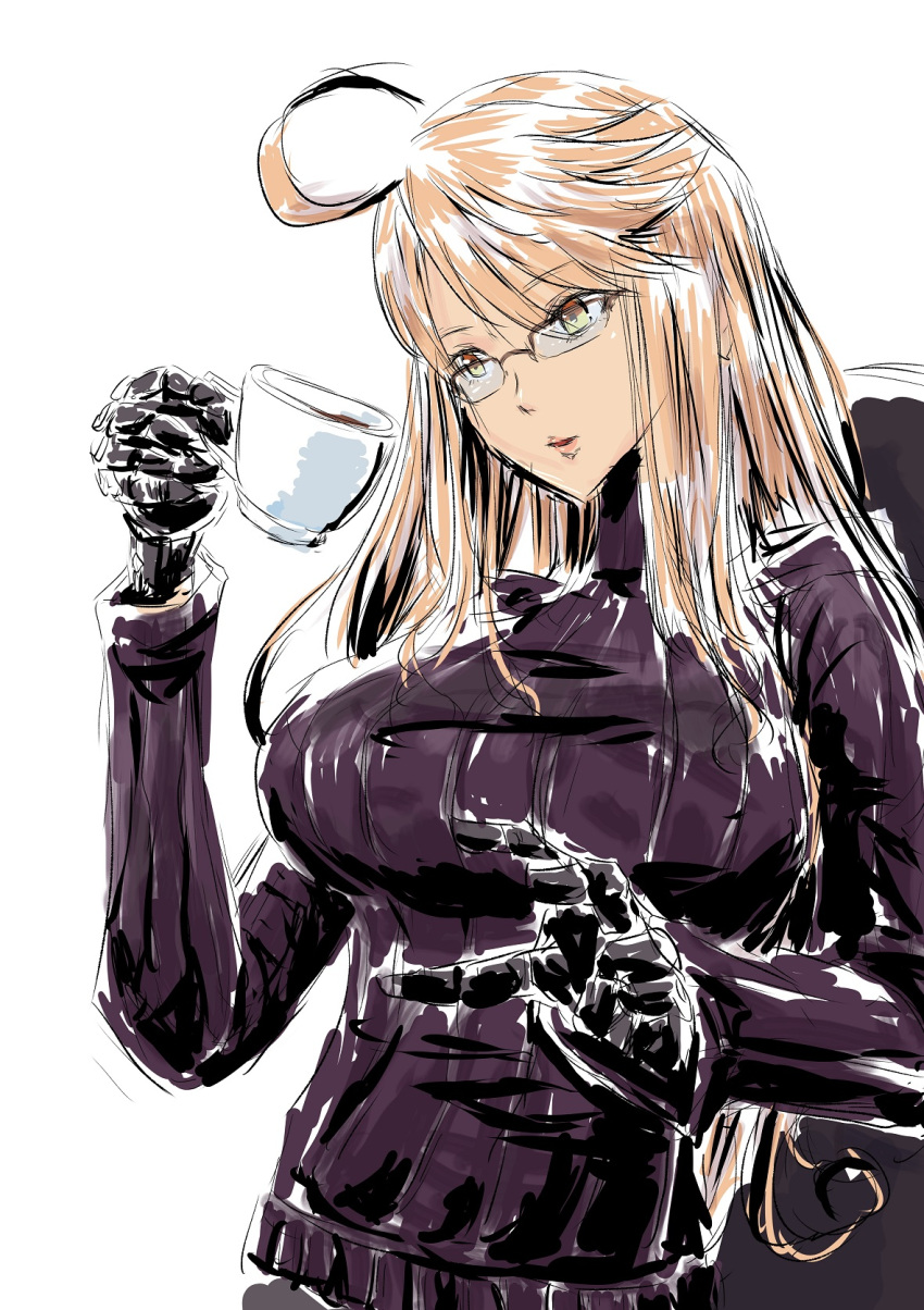 1girl, ahoge, alma_armas, black-framed_eyewear, blonde_hair, breasts, brown_eyes, chika_(keiin), commentary_request, cup, dark-skinned_female, dark_skin, expressionless, glasses, highres, holding, holding_cup, large_breasts, long_hair, mechanical_hands, over-rim_eyewear, parted_lips, ribbed_sweater, semi-rimless_eyewear, solo, sweater, teacup, turtleneck, va-11_hall-a