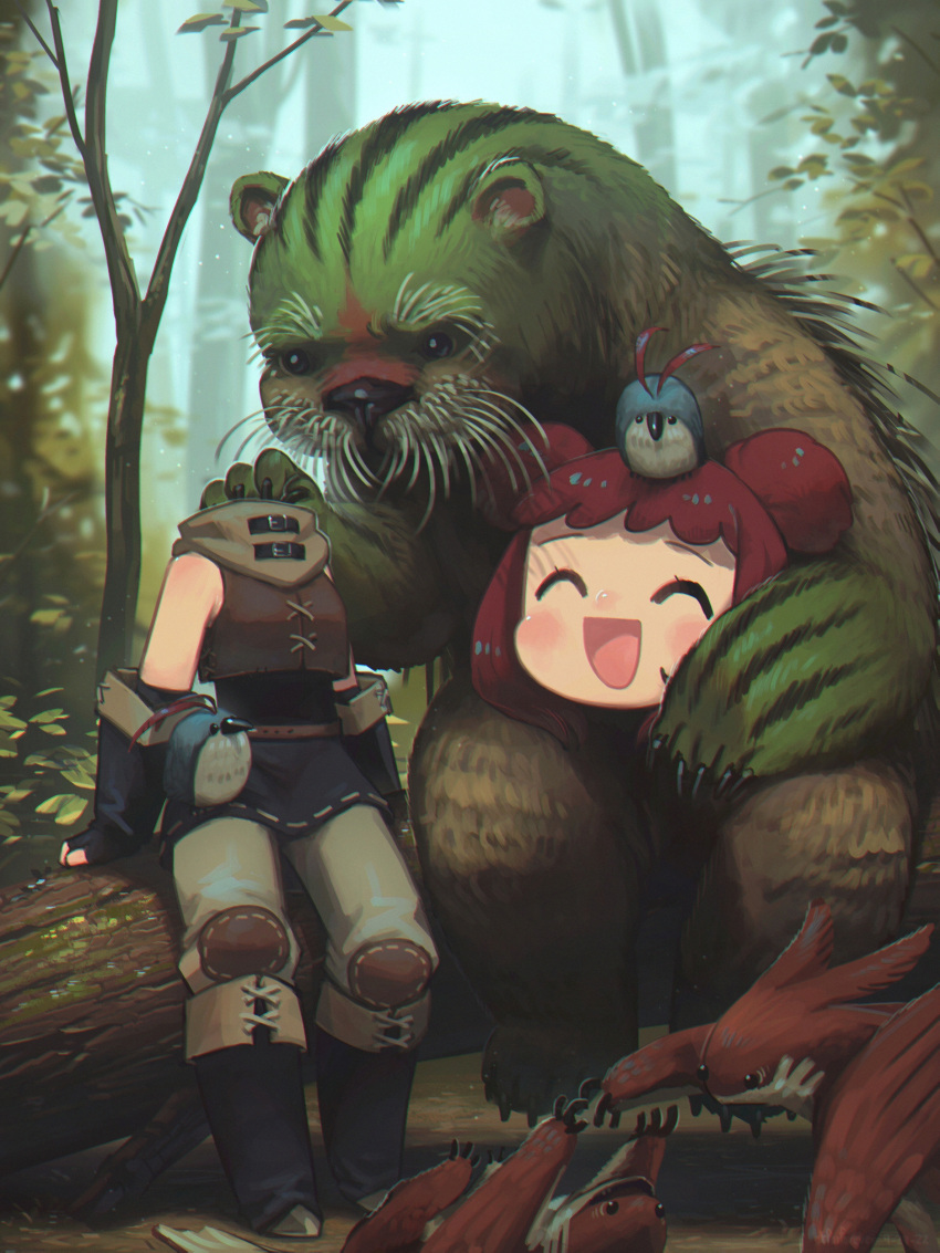 1girl, :d, absurdres, animal, bird, boots, claws, disembodied_head