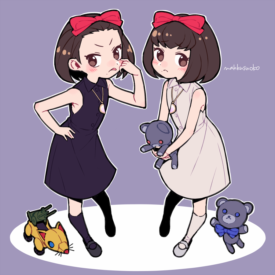 2girls, aki_(persona), bare_arms, brown_eyes, brown_hair, closed_mouth, collared_dress, do_m_kaeru