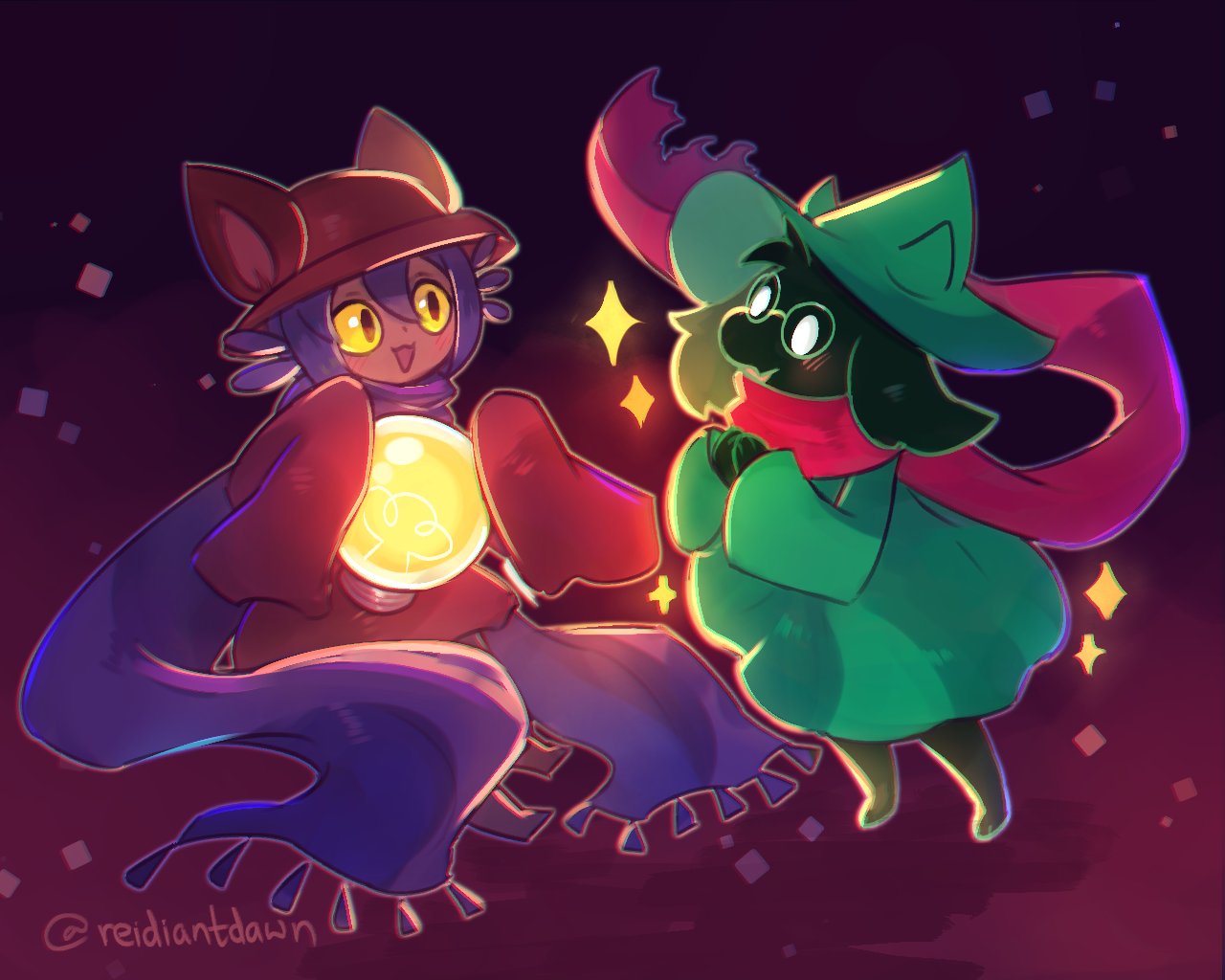 animal_ears, blue_scarf, blush, cat_ears, crossover, deltarune, goat, green_headwear
