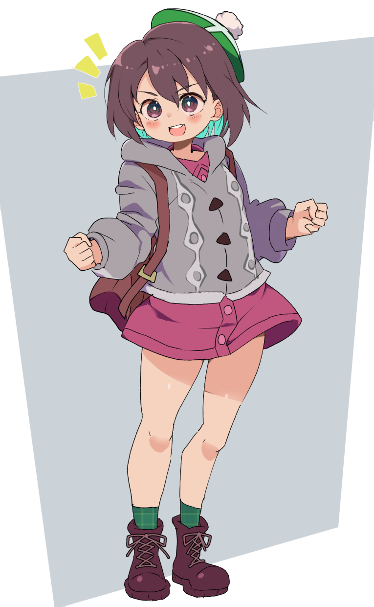 1girl, :d, aqua_hair, bag, bangs, boots, bright_pupils, brown_bag, brown_hair, buttons, cardigan, colored_inner_hair, cross-laced_footwear, dress, full_body, gloria_(pokemon), green_headwear, grey_cardigan, hair_between_eyes, handbag, hat, highres, lace-up_boots, legs_apart, long_sleeves, multicolored_hair, open_mouth, pink_dress, pokemon, pokemon_(game), pokemon_swsh, pom_pom_(clothes), purple_footwear, purple_socks, round_teeth, sasaki_rindou, short_dress, short_hair, smile, socks, solo, standing, tam_o'_shanter, teeth, two-tone_hair, violet_eyes, white_pupils