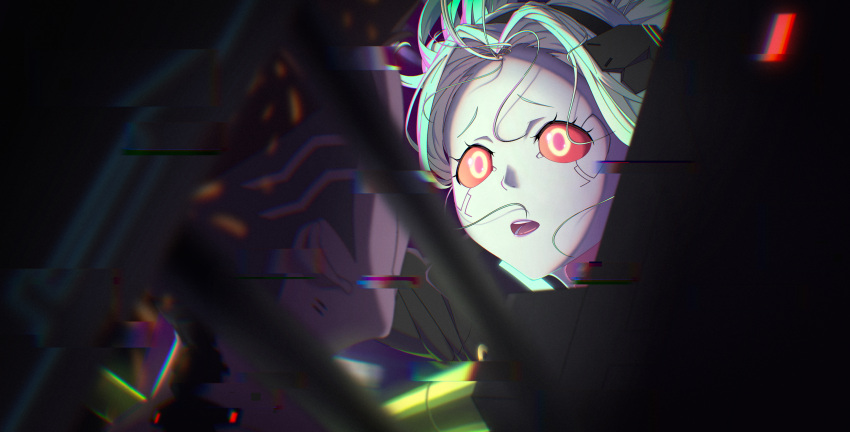 1boy, 1girl, absurdres, artificial_eye, black_jacket, blue_hair, brown_hair, colored_sclera