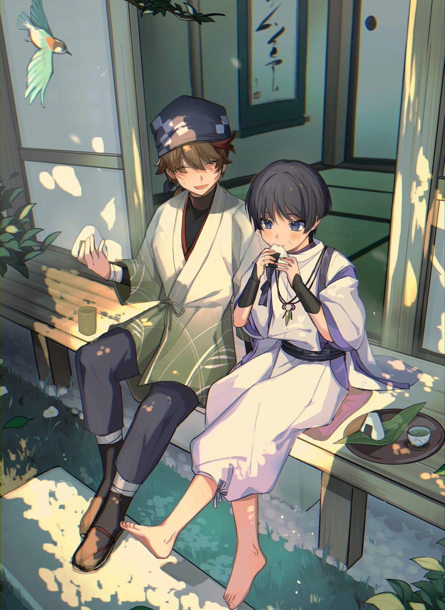 2boys, bangs, barefoot, bird, blush, choko_(cup), closed_eyes, commentary_request