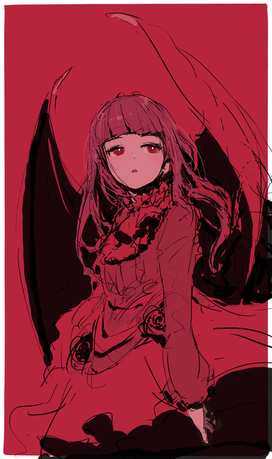 1girl, bat_wings, commentary_request, dress, flower, gothic_lolita, hime_cut, konekone, lolita_fashion, looking_to_the_side, monochrome, open_mouth, original, sketch, solo, wings