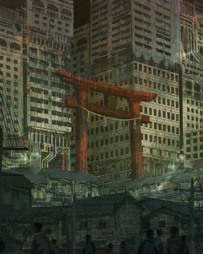 6+others, building, city, commentary, crowd, dilapidated, faceless, highres