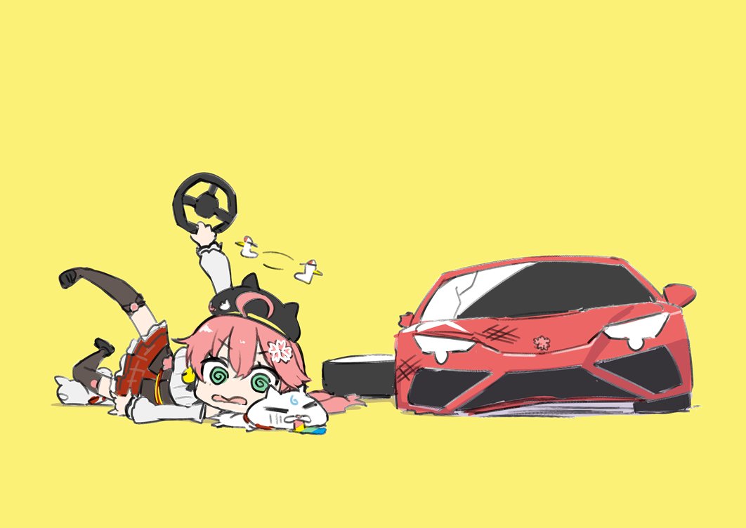 1girl, 35p_(sakura_miko), @_@, beret, broken, car, detached_sleeves, gotyou