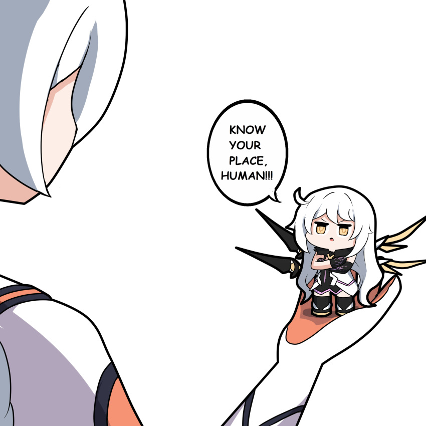 1girl, 2girls, ahoge, bangs, bodysuit, boots, chibi, dress