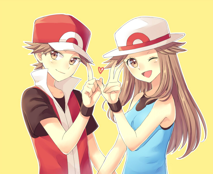 1boy, 1girl, ;d, blue_shirt, brown_eyes, brown_hair, brown_shirt, closed_mouth