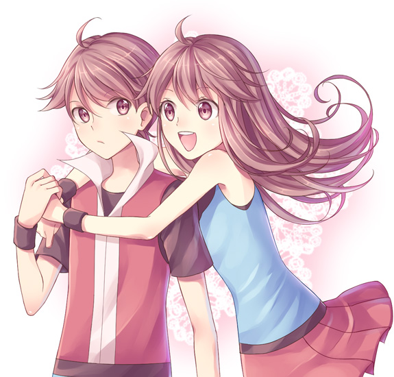 1boy, 1girl, :d, ahoge, bangs, blue_shirt, brown_eyes, brown_hair