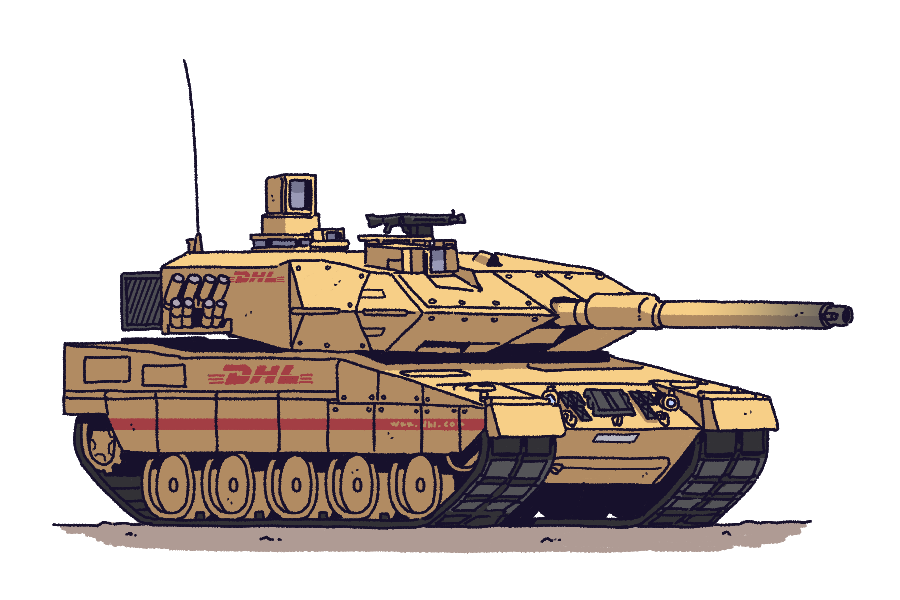caterpillar_tracks, commission, dhl, ground_vehicle, gun, kare, leopard_2, logo, machine_gun, military, military_vehicle, motor_vehicle, no_humans, original, simple_background, tank, weapon, white_background