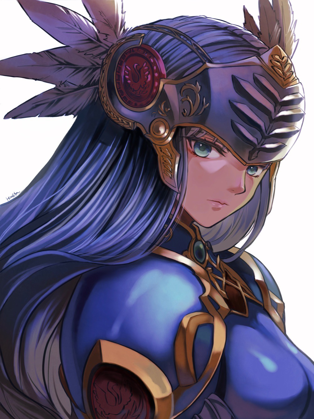 1girl, armor, blue_armor, blue_eyes, feathers, gold_trim, grey_hair, helmet, highres, hiroita, lenneth_valkyrie, long_hair, looking_at_viewer, portrait, shoulder_armor, valkyrie, valkyrie_profile, winged_helmet