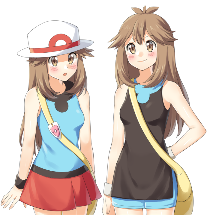 2girls, :o, bag, bangs, blue_shirt, blue_shorts, blush, brown_eyes