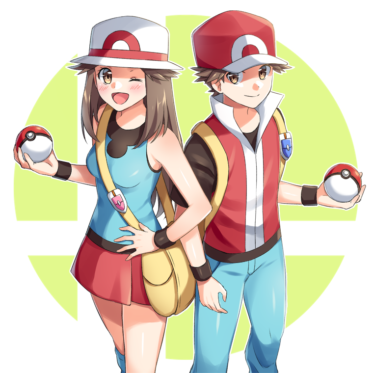 1boy, 1girl, ;d, bag, blue_shirt, blush, breasts, brown_eyes, brown_hair, closed_mouth, commentary_request, eyelashes, hand_on_hip, hat, holding, holding_poke_ball, leaf_(pokemon), long_hair, looking_at_viewer, messenger_bag, one_eye_closed, open_mouth, pants, pleated_skirt, poke_ball, poke_ball_(basic), pokemon, pokemon_(game), pokemon_frlg, red_(pokemon), red_headwear, red_skirt, scbstella, shirt, short_hair, short_sleeves, shoulder_bag, skirt, sleeveless, sleeveless_jacket, sleeveless_shirt, smile, super_smash_bros., super_smash_bros._logo, t-shirt, tongue, vs_seeker, white_headwear, wristband