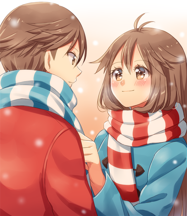 1boy, 1girl, adapted_costume, antenna_hair, bangs, blue_jacket, blush, brown_eyes