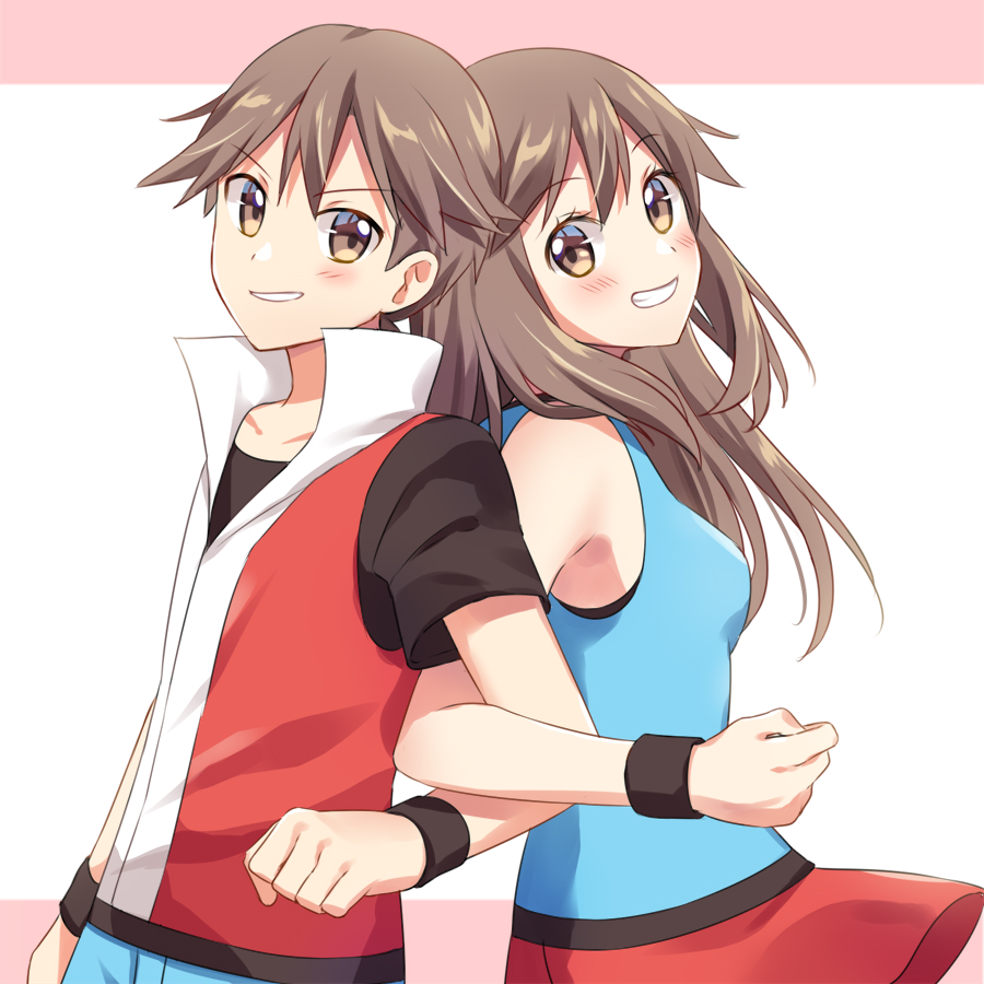 1boy, 1girl, bangs, blue_shirt, blush, brown_eyes, brown_hair, commentary_request