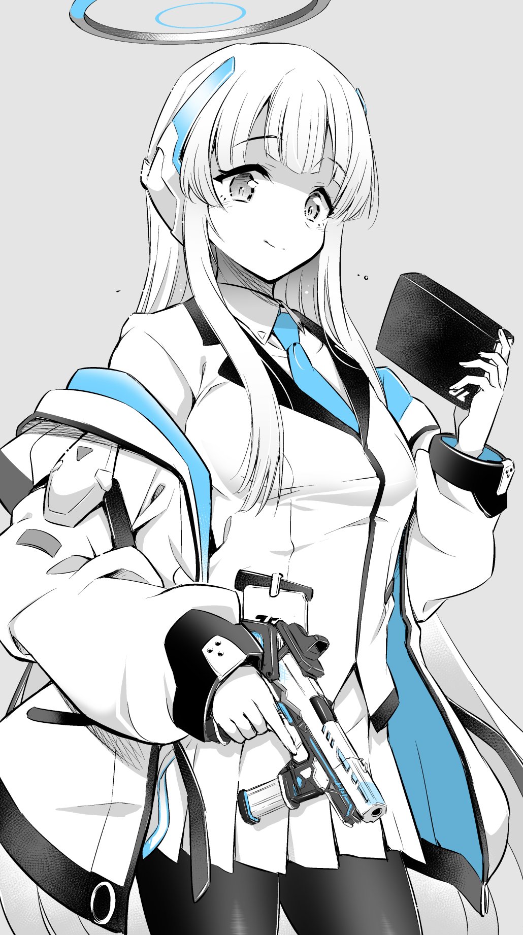 1girl, black_pantyhose, blackheart, blue_archive, blue_necktie, book, breasts, collared_shirt, formal, grey_background, gun, halo, handgun, headphones, highres, holding, holding_book, holding_gun, holding_weapon, id_card, jacket, long_hair, mechanical_halo, medium_breasts, monochrome, necktie, noa_(blue_archive), open_clothes, open_jacket, pantyhose, pleated_skirt, shirt, simple_background, skirt, smile, solo, standing, suit, very_long_hair, weapon, white_jacket, white_skirt, white_suit