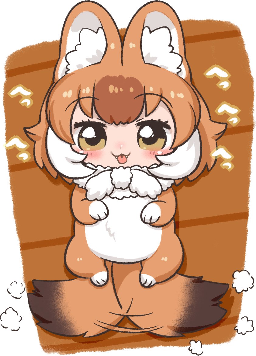 1girl, aged_down, animal_ear_fluff, animal_ears, baby, blush, brown_hair, dhole_(kemono_friends), dog_ears, dog_girl, dog_tail, fangs, furry, furry_female, heavy_breathing, kemono_friends, kemono_friends_3, kuro_(kurojill), looking_at_viewer, solo, tail, tail_wagging, tongue, tongue_out, white_hair, yellow_eyes