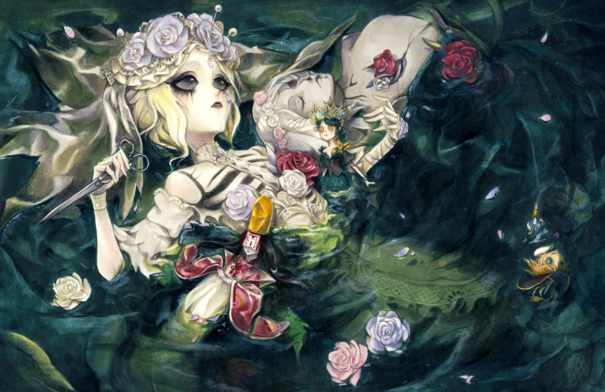 1girl, absurdres, bare_shoulders, black_eyes, black_lips, blonde_hair, character_doll, crack