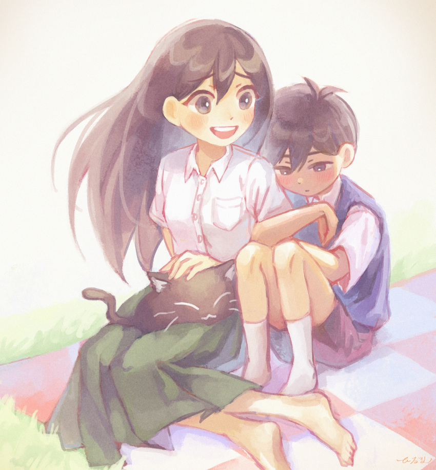 1boy, 1girl, barefoot, black_eyes, black_hair, black_sweater_vest, blanket, blush