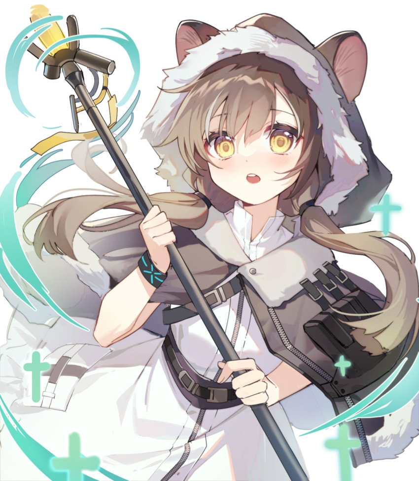 1girl, :o, animal_hood, arknights, bangs, blush, brown_capelet, brown_hair