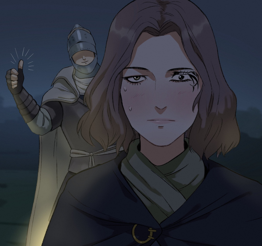 1boy, 1girl, brown_eyes, brown_hair, cape, drawing_on_another's_face, elden_ring, faceless