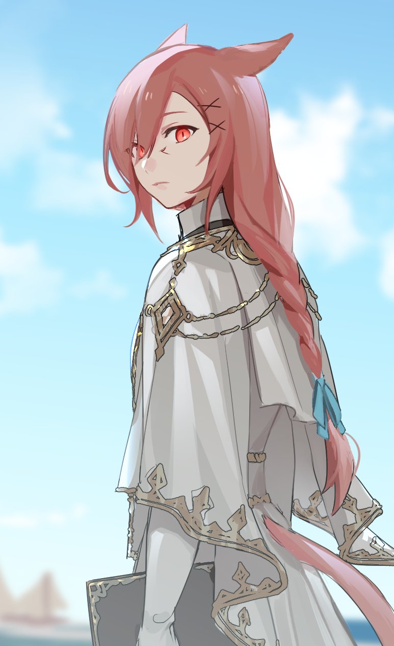 1girl, aiguillette, alternate_costume, animal_ears, bangs, blue_sky, book, braid