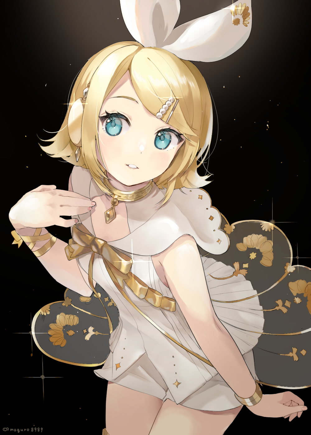1girl, bangs, bare_shoulders, binchou_maguro, black_background, blonde_hair, blue_eyes, commentary_request, dress, hair_ornament, hair_ribbon, hairclip, highres, kagamine_rin, looking_at_viewer, parted_lips, ribbon, short_shorts, shorts, sleeveless, sleeveless_dress, solo, swept_bangs, vocaloid, white_dress, white_ribbon, white_shorts