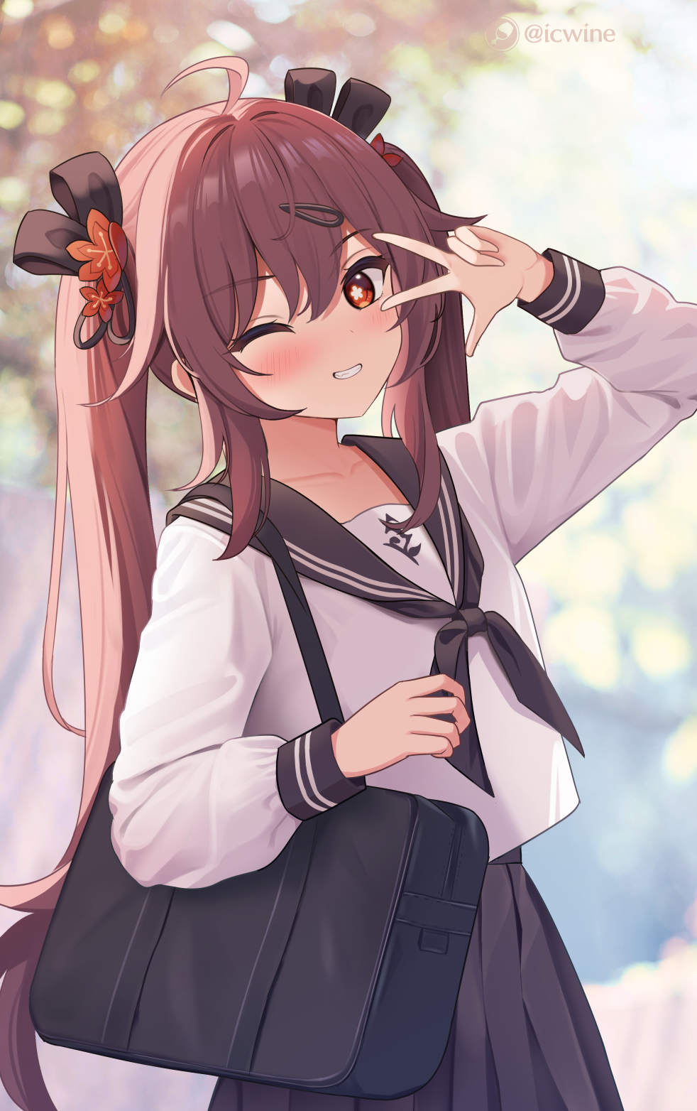 1girl, aged_down, ahoge, alternate_costume, arm_up, artist_logo, bag, bangs