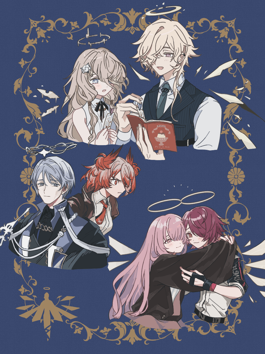 2boys, 4girls, andoain_(arknights), arknights, bangs, bare_shoulders, black_gloves, black_jacket