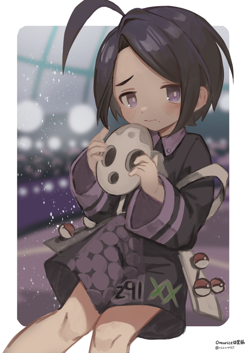 1boy, absurdres, ahoge, allister_(pokemon), black_hair, black_shirt, blush, border