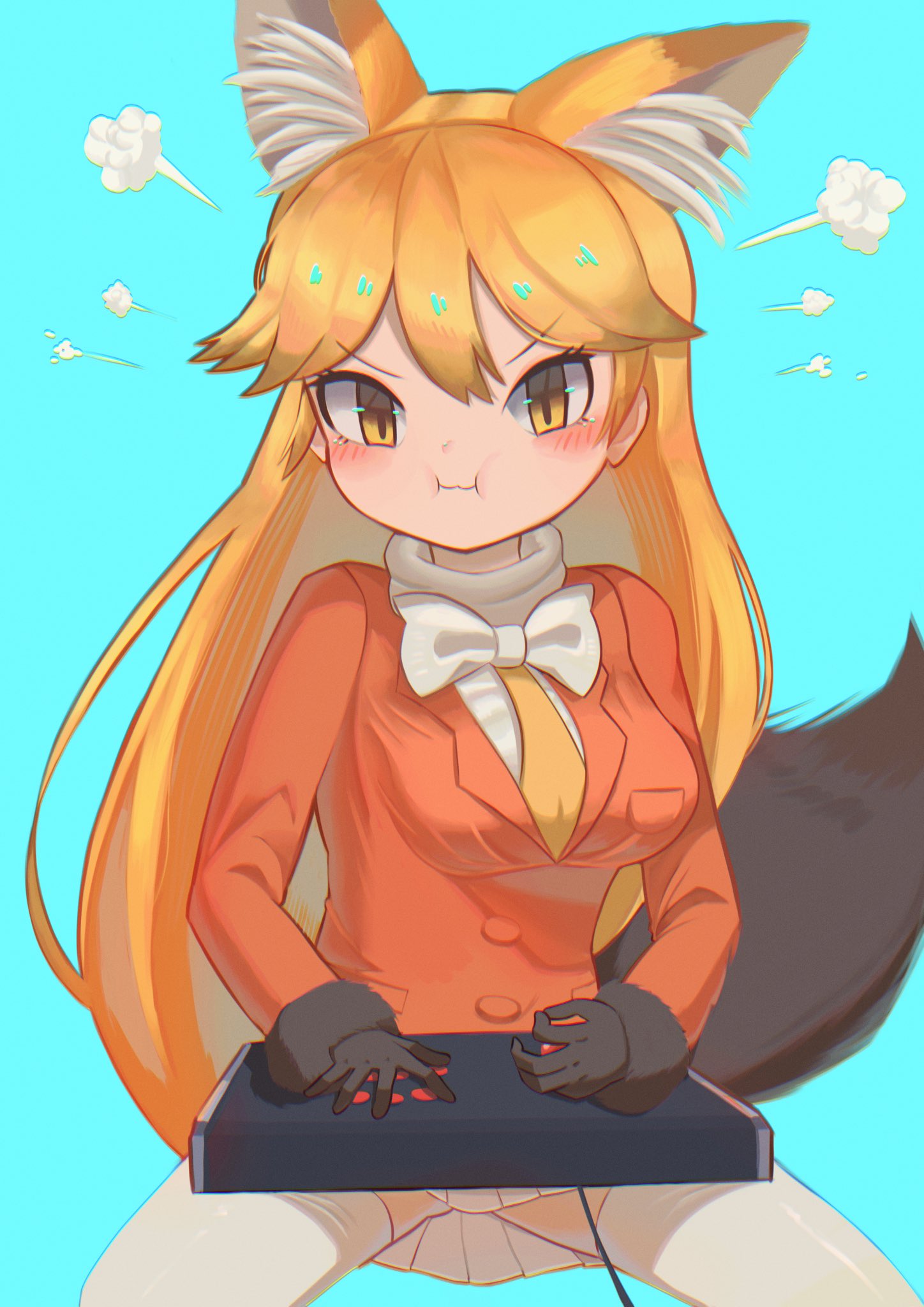 1girl, :i, angry, animal_ears, blush, brown_fur, brown_gloves, commentary_request, controller, cowboy_shot, ezo_red_fox_(kemono_friends), fox_ears, fox_girl, fox_tail, fur_trim, game_controller, gloves, head_steam, highres, jacket, kemono_friends, long_hair, long_sleeves, orange_eyes, orange_hair, orange_jacket, osnmykk, pleated_skirt, skirt, solo, tail, thigh-highs, white_skirt, white_thighhighs, zettai_ryouiki