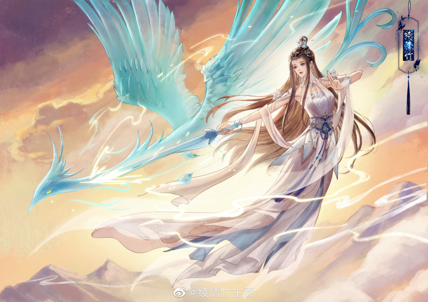 1girl, absurdres, baicaitoucaomao, bird, brown_hair, closed_mouth, clouds, earrings