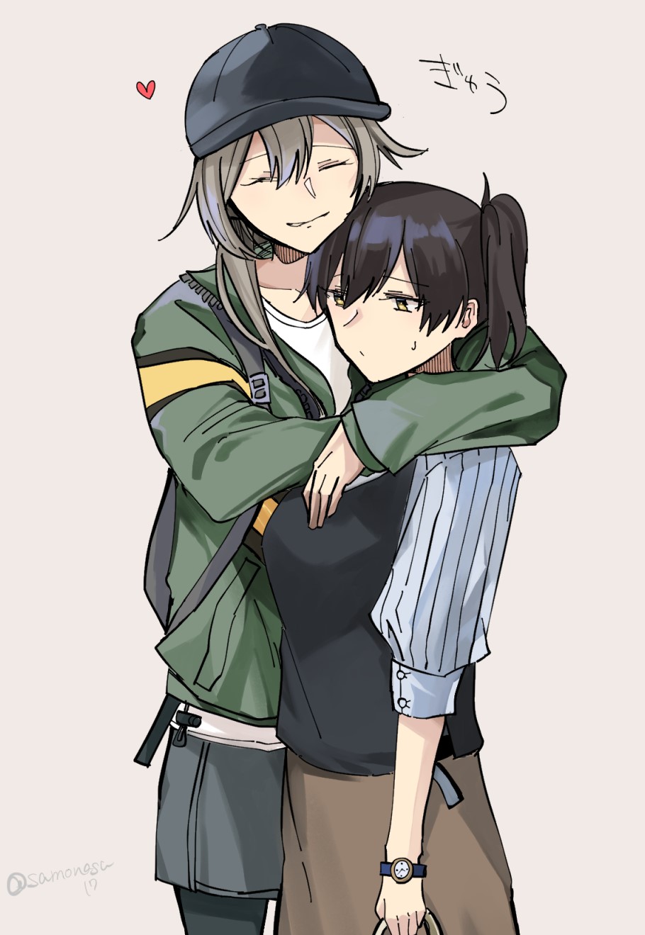 alternate_costume, baseball_cap, black_hair, black_headwear, black_pantyhose, black_vest, brown_skirt, closed_eyes