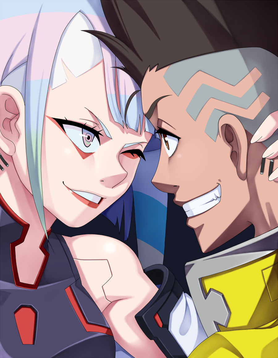 1boy, 1girl, cyberpunk, cyberpunk_edgerunners, david_martinez, lucy_(cyberpunk_edgerunners), multicolored_hair, someguy944