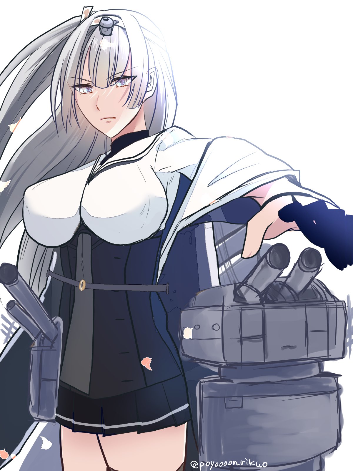1girl, black_gloves, chou-10cm-hou-chan_(fuyutsuki's), fuyutsuki_(kancolle), gloves, grey_eyes, grey_neckerchief, grey_skirt