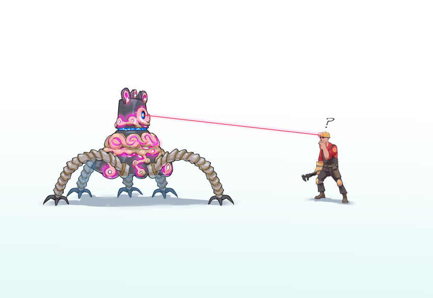 1boy, adjustable_wrench, crossover, engineer_(tf2), francisco_mon, gloves, guardian_(breath_of_the_wild), helmet