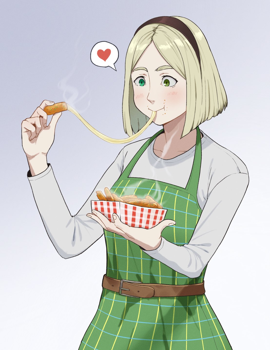 1girl, bangs, belt, blonde_hair, brown_hairband, dress, eating, food