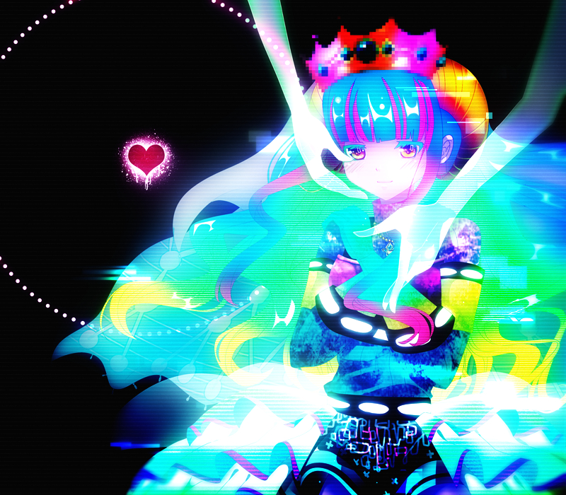 1girl, aqua_hair, armor, bangs, binbougusa, black_background, black_skirt, blue_sweater, blunt_bangs, blush, breastplate, colored_eyelashes, cowboy_shot, crossed_arms, crown, frilled_skirt, frills, futaba_sana, gloves, glowing, gradient_gloves, green_gloves, hair_down, hand_on_another's_cheek, hand_on_another's_face, heart, horns, jewelry, long_hair, magia_record:_mahou_shoujo_madoka_magica_gaiden, mahou_shoujo_madoka_magica, miniskirt, multicolored_hair, necklace, neon_trim, orange_horns, pink_eyes, sheep_horns, sidelocks, skirt, smile, solo_focus, sweater, turtleneck, turtleneck_sweater, uwasa_no_sana, veil, waist_cape, wavy_hair
