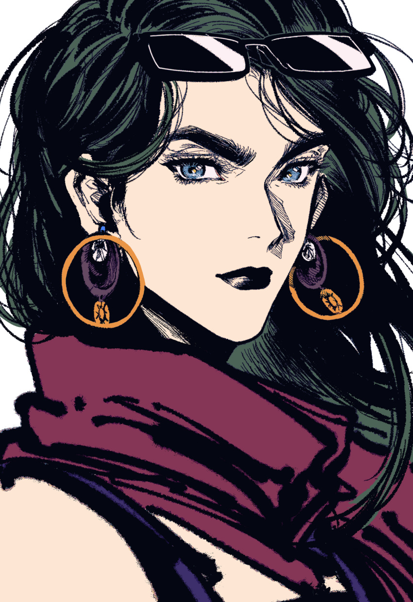 1girl, battle_tendency, black_hair, black_lips, blue_eyes, blue_shirt, commentary_request, earrings, eyewear_on_head, highres, hoop_earrings, jewelry, jojo_no_kimyou_na_bouken, lisa_lisa, long_hair, my_nameisyoon, purple_scarf, scarf, shirt, solo, sunglasses, thick_eyebrows, upper_body, white_background