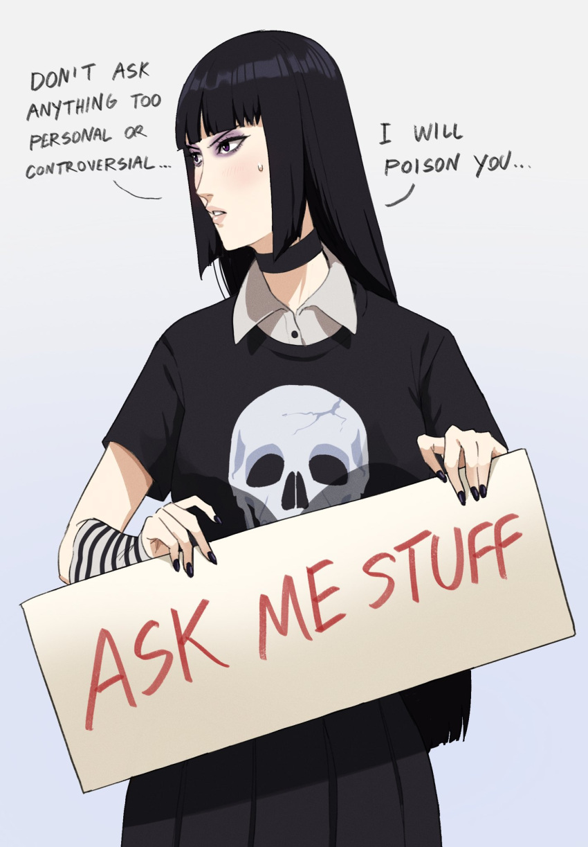 1girl, bangs, black_choker, black_hair, black_nails, black_shirt, blunt_bangs, blunt_ends