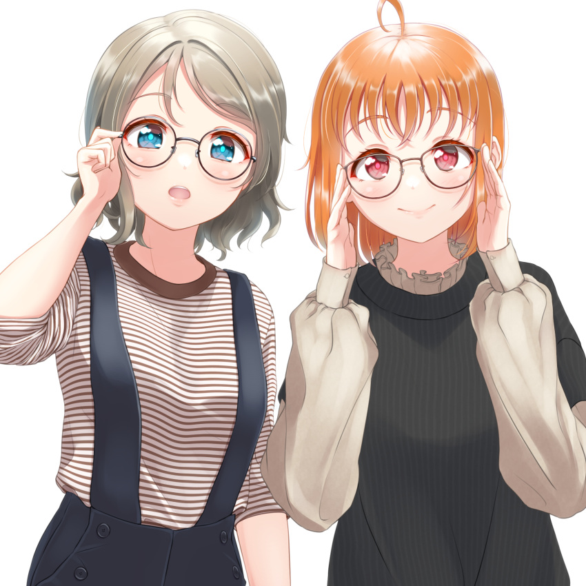 2girls, adjusting_eyewear, ahoge, arm_up, bangs, black_sweater, blue_eyes, blue_skirt