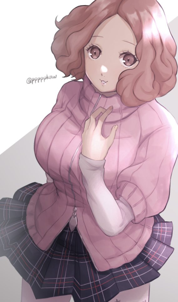 1girl, brown_eyes, brown_hair, commentary_request, layered_sleeves, long_sleeves, okumura_haru, pantyhose, persona, persona_5, pink_sweater, plaid, plaid_skirt, pleated_skirt, pppppknw, ribbed_sweater, short_hair, short_over_long_sleeves, short_sleeves, shuujin_academy_uniform, skirt, solo, sweater, twitter_username, white_pantyhose