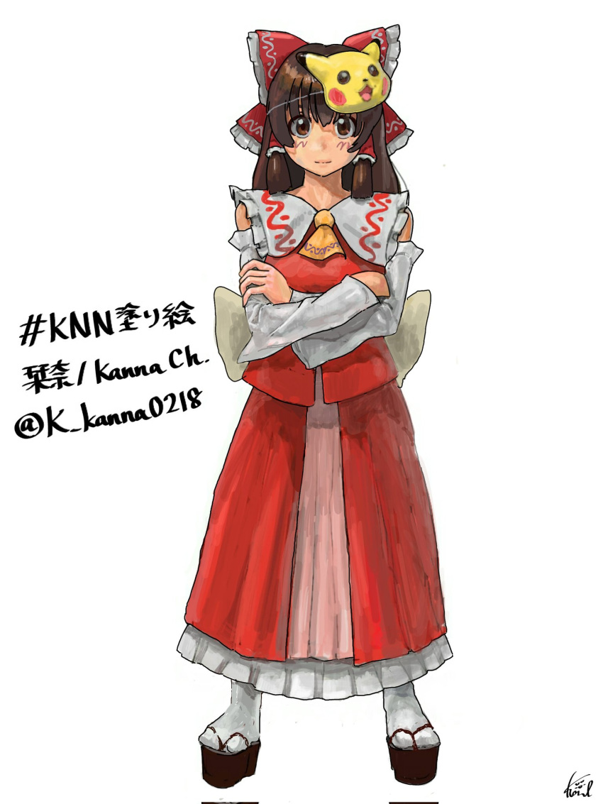 1girl, ascot, bangs, blush, bow, brown_eyes, brown_hair, closed_mouth, commentary_request, cookie_(touhou), crossed_arms, detached_sleeves, expressionless, frilled_bow, frilled_hair_tubes, frilled_shirt_collar, frilled_skirt, frills, full_body, gomibako_(5zu4bi5tkssxkah), hair_bow, hair_tubes, hakurei_reimu, highres, kanna_(cookie), long_hair, looking_at_viewer, mask, mask_on_head, pikachu, platform_footwear, pokemon, red_bow, red_shirt, red_skirt, sandals, shirt, sidelocks, simple_background, skirt, skirt_set, sleeveless, sleeveless_shirt, socks, solo, standing, tabi, touhou, white_background, white_sleeves, white_socks, yellow_ascot