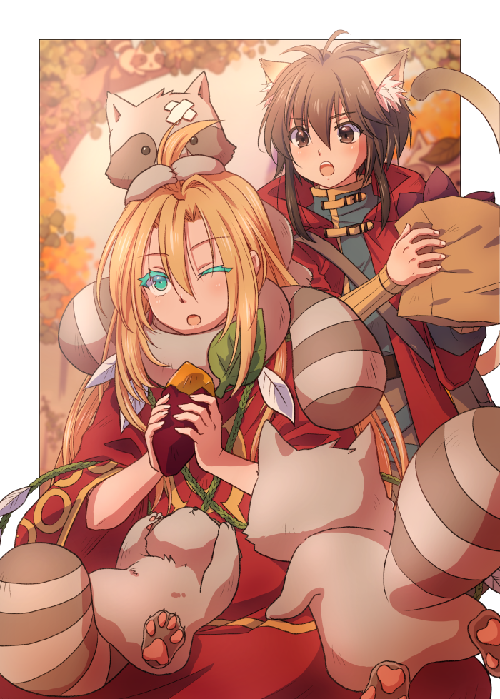2boys, ahat_(ragnarok_online), ahoge, animal_ears, autumn, bangs, blonde_hair, blue_eyes
