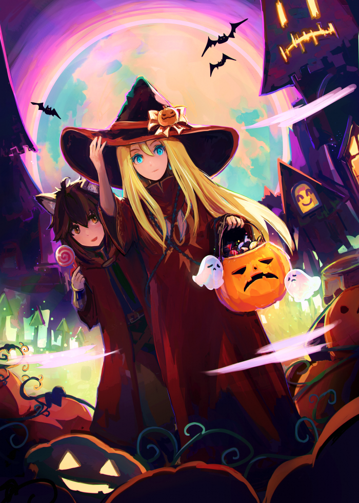 2boys, ahat_(ragnarok_online), animal_ear_fluff, animal_ears, bangs, bat_(animal), black_headwear, blonde_hair, blue_eyes, brown_eyes, brown_hair, candy, castle, cat_boy, cat_ears, cheshire_(ragnarok_online), cloak, closed_mouth, commentary_request, dutch_angle, feet_out_of_frame, food, full_moon, ghost, green_shirt, hair_between_eyes, halloween, hat, holding, holding_candy, holding_food, holding_lollipop, jack-o'-lantern, jack-o'-lantern_hat_ornament, lollipop, long_hair, long_sleeves, looking_at_viewer, lug_s, male_focus, medium_hair, moon, multiple_boys, open_mouth, orange_moon, ragnarok_online, red_cloak, red_robe, robe, shirt, smile, swirl_lollipop, whisper_(ragnarok_online), witch_hat