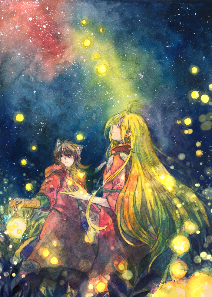 2boys, ahat_(ragnarok_online), ahoge, animal_ears, bangs, blonde_hair, blue_eyes, blush