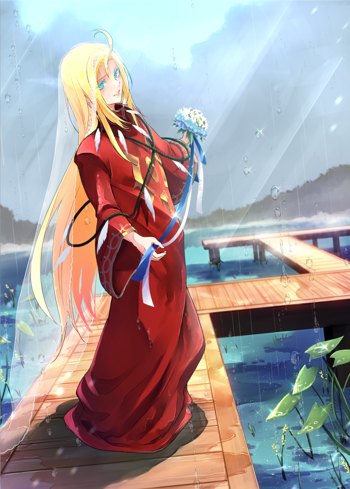1boy, ahat_(ragnarok_online), ahoge, bangs, bishounen, blonde_hair, blue_eyes, blue_flower