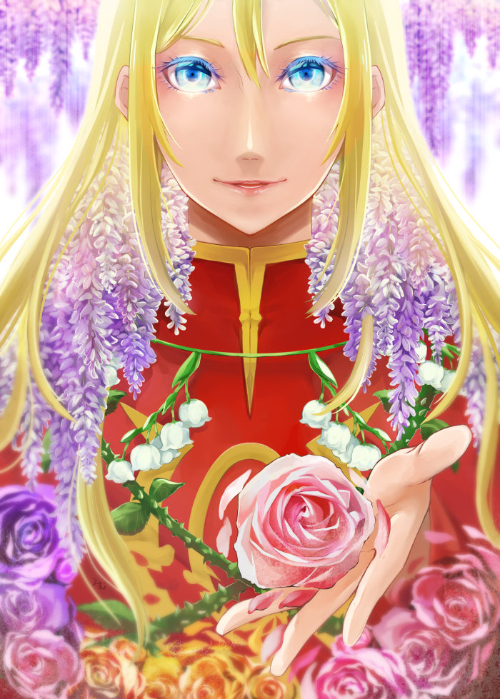1boy, ahat_(ragnarok_online), bangs, bishounen, blonde_hair, blue_eyes, commentary_request, flower