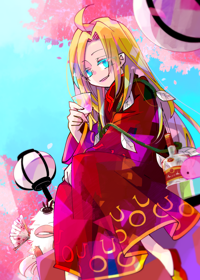 1boy, ahat_(ragnarok_online), ahoge, alcohol, bangs, blonde_hair, blue_eyes, cherry_blossoms, commentary_request, cup, foot_out_of_frame, holding, holding_cup, lantern, long_hair, long_sleeves, looking_at_viewer, male_focus, open_mouth, poring, ragnarok_online, red_robe, robe, sitting, slime_(creature), tatacho, very_long_hair, vodka, zibal