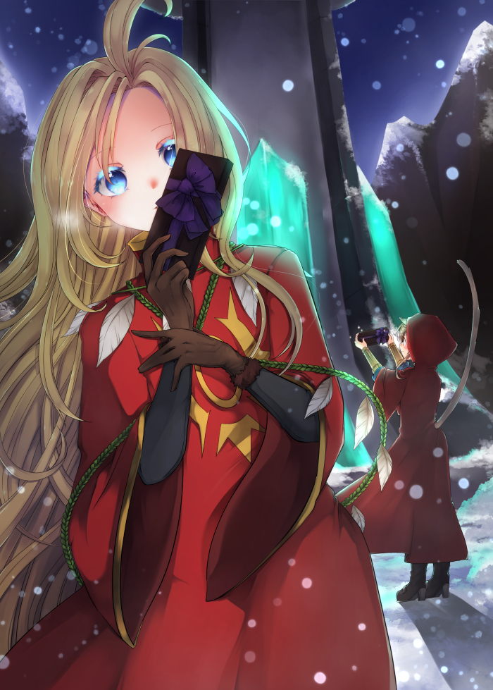 2boys, ahat_(ragnarok_online), ahoge, animal_ears, asuta_(kinakomoti300), bangs, black_footwear, blonde_hair, blue_eyes, boots, brown_gloves, brown_hair, cat_boy, cat_ears, cat_tail, cheshire_(ragnarok_online), cloak, full_body, gift, gloves, holding, holding_gift, hood, hood_up, hooded_cloak, long_hair, long_sleeves, looking_at_viewer, male_focus, multiple_boys, outdoors, ragnarok_online, red_cloak, red_robe, robe, snowing, tail, very_long_hair, wide_sleeves